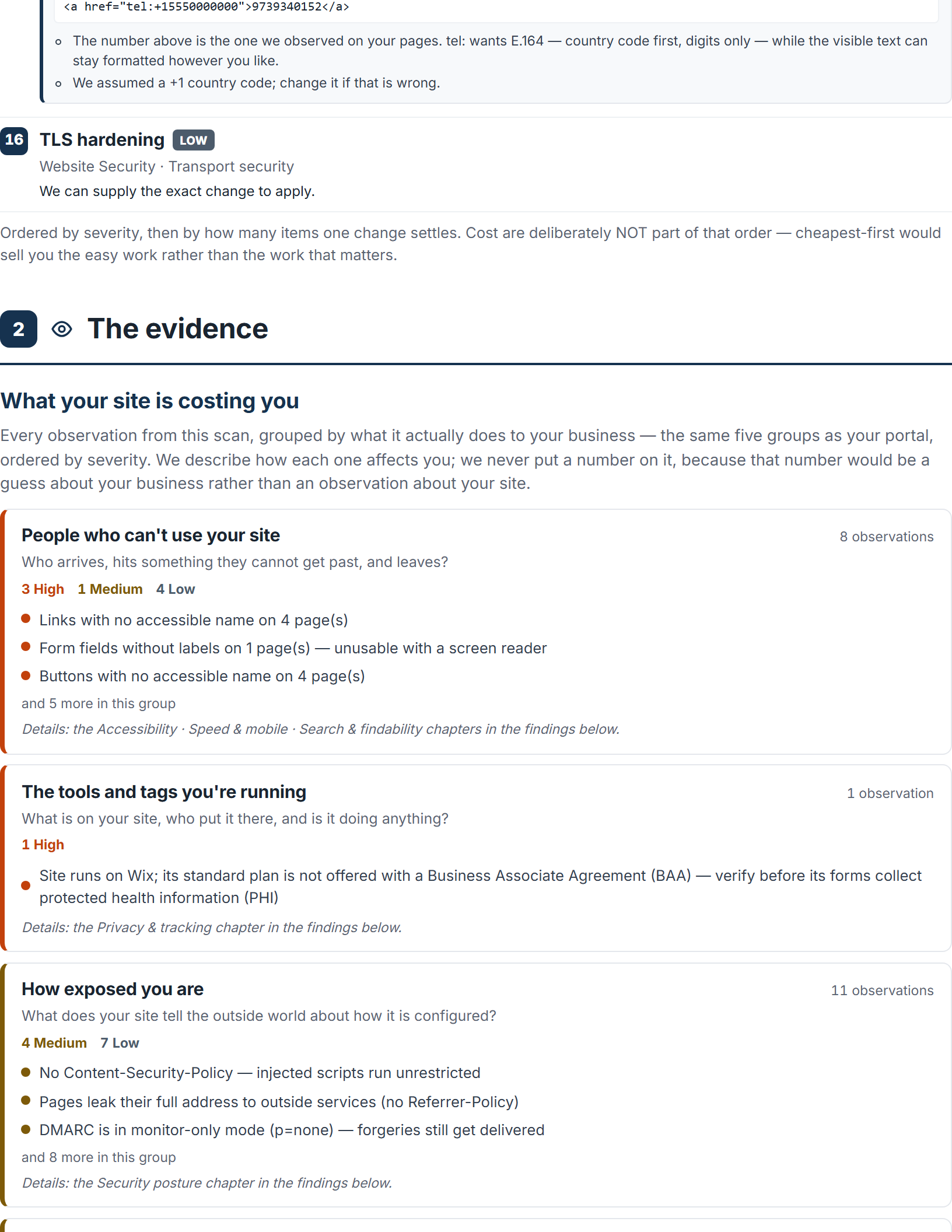 Inside the report: the ordered worklist and the evidence chapter, grouped by what each finding does to the business.
